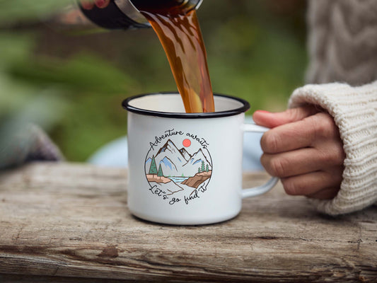 Adventure Awaits Lets Go Find It Camp Mug 10 oz. (Black Rim)